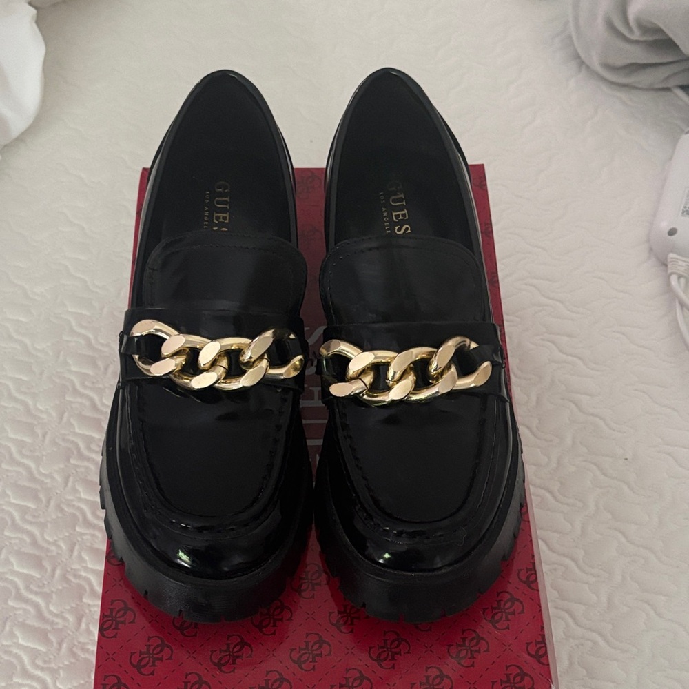 GUESS Black Patent Loafers with Gold Chain Accent